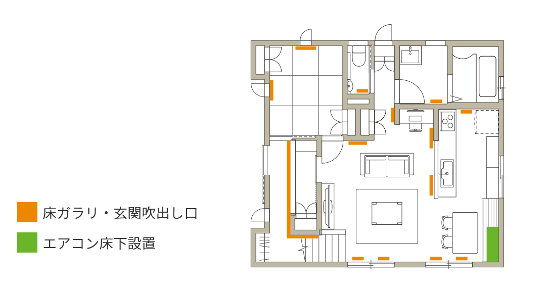 床ガラリ・玄関吹き出し口とエアコン床下設置図面